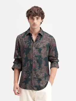 Rare Rabbit - Men's Roga Primary Green Viscose Paisley Print Shirt