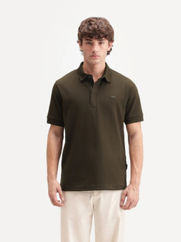 Rare Rabbit - Men's Salis-A26 Olive Cotton Blend Spread Collar Regular Plain Polo T-Shirt