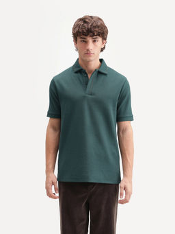 Rare Rabbit - Men's Skowl-A26 Dark Green Spread Collar Regular Jacquard Polo T-Shirt