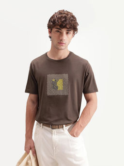 Rare Rabbit - Men's Smeg Primary Brown Cotton Blend Graphic Print T-Shirt