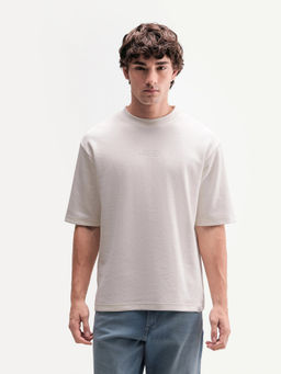 Rare Rabbit - Men's Spel Off White Cotton Blend Crew Neck Qlo Fit Plain T-Shirt