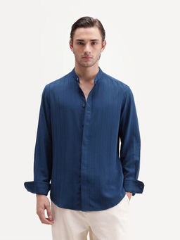 Rare Rabbit - Men's Tate Blue Viscose Blend Button Regular Fit Textured Shirt
