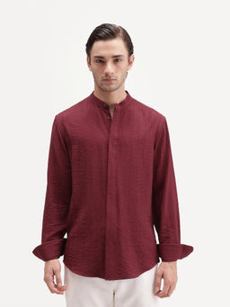 Rare Rabbit - Men's Tate Red Viscose Blend Button Regular Fit Textured Shirt