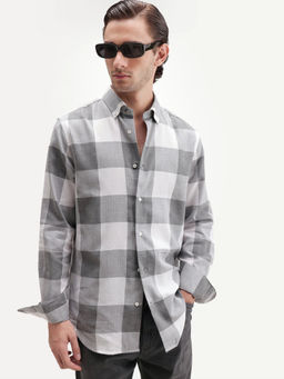 Rare Rabbit - Men's Tenz Primary Grey Cotton Blend Spread Collar Regular Checks Shirt