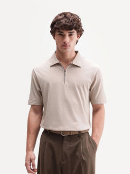 Rare Rabbit - Men's Thero-A26 Primary Beige Spread Collar Regular Plain Polo T-Shirt