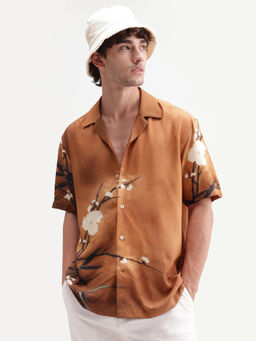 Rare Rabbit - Men's Tole Dark Beige Viscose Fabric Half Sleeve Floral Print Shirt