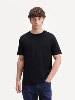 Rare Rabbit - Men's Veltra-A26 Primary Black Cotton Blend Crew Neck Regular Plain T-Shirt