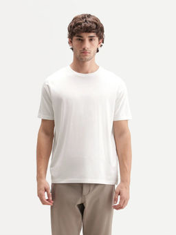 Rare Rabbit - Men's Veltra-A26 Primary White Cotton Blend Crew Neck Regular Plain T-Shirt