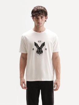 Rare Rabbit - Men's Walker Off White Cotton Blend Crew Neck Regular Graphic Print T-Shirt
