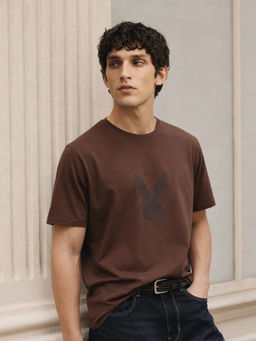 Rare Rabbit - Men's Wamble Rust Cotton Blend Crew Neck Regular Graphic Print T-Shirt