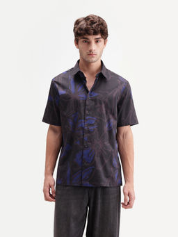 Rare Rabbit - Men's Zayn Dark Purple Cotton Button Regular Fit Floral Print Shirt