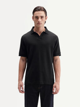 Rare Rabbit - Men's Zegon Black Cotton Johnny Collar Regular Jacquard Polo T-Shirt
