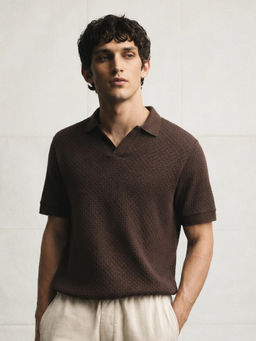 Rare Rabbit - Men's Zegon Dark Brown Cotton Johnny Collar Regular Jacquard Polo T-Shirt