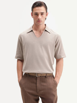 Rare Rabbit - Men's Zent-A26 Beige Cotton Johnny Collar Regular Jacquard Polo T-Shirt