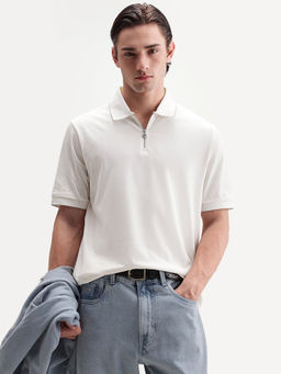 Rare Rabbit - Men's Zirno White Cotton Fabric Half Sleeve Plain Polo T-Shirt
