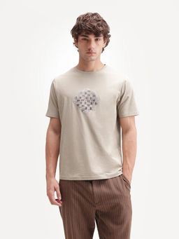 Rare Rabbit - Men's Ziv Primary Beige Cotton Blend Crew Neck Regular Graphic Print T-Shirt