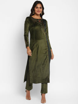 STADO - Olive Yoke Design Velvet Straight Kurta with Pant (Set of 2)