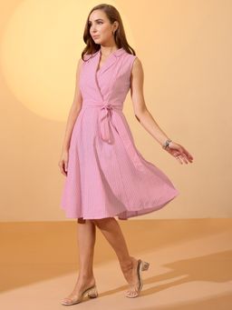 Globus - Pink Stripes Printed Midi Workwear Dress with Belt