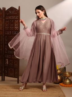 Globus - Women Taupe Embroidered Gown with Belt & Dupatta