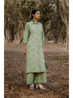 EARTHWEAR - Cotton Front Open Shirt Collar Olive Kurta with Pant