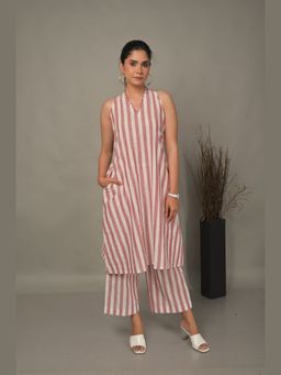 EARTHWEAR - Striped Hand Embroidered Cotton White Kurta with Pant
