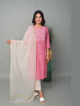 EARTHWEAR - Hand Embroidered Cotton A-Line Pink Kurta with Pant and Dupatta