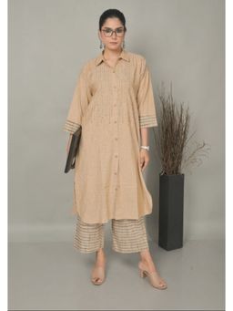EARTHWEAR - Hand Embroidered Handloom Cotton Antifit Beige Kurta with Pant and Dupatta