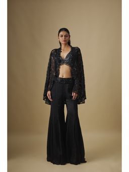 Asaga - Women Black Coral Blouse with Sharara and Cape