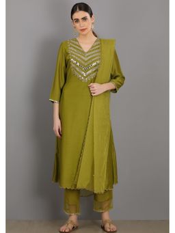 Asaga - Women Green Danish Kurta with Pant and Dupatta