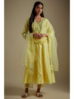 Asaga - Women Yellow Threadio Anarkali Kurta with Pant and Dupatta