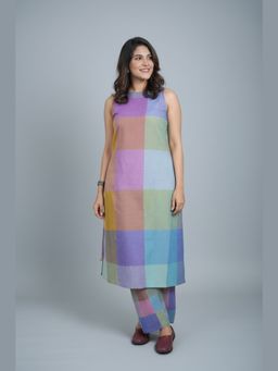EARTHWEAR - Pastel Checks Handloom Cotton Multicolor Kurta with Pant