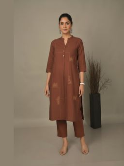 EARTHWEAR - Hand Embroidered Handloom Cotton A-Line Brown Kurta with Pant