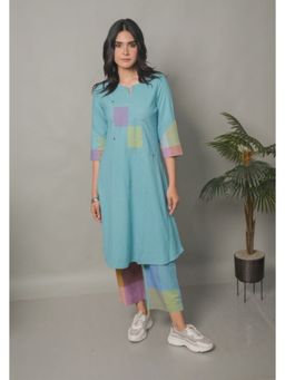 EARTHWEAR - Hand Embroidered Handloom Cotton Bias Blue Kurta with Pant