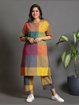 EARTHWEAR - Checks Handloom Cotton Antifit Multicolor Kurta with Pant