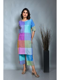 EARTHWEAR - Pastel Checks Handloom Cotton Antifit Multicolor Kurta with Pant