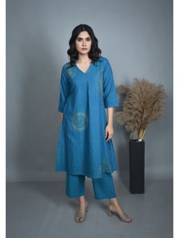 EARTHWEAR - Hand Embroidered Handloom Cotton Teal Kurta with Pant
