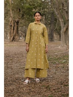EARTHWEAR - Cotton Front Open Shirt Collar Mustard Kurta with Pant
