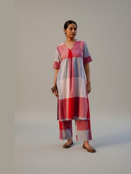 EARTHWEAR - Checks Hand Embroidered Handloom Cotton A-Line Multcolor Kurta with Pant