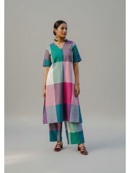 EARTHWEAR - Checks Hand Embroidered Handloom Cotton A-Line Multicolor Kurta with Pant