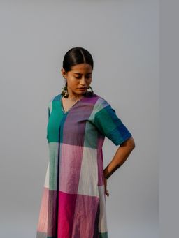 EARTHWEAR - Checks Hand Embroidered Handloom Cotton Teal Kurta with Pant