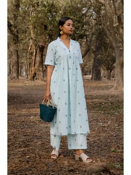 EARTHWEAR - Cotton Woven Buti Blue Kurta with Pant