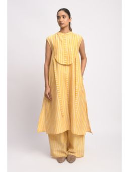 JAYATI GOENKA - Yellow Striped Short Kurta with Pant and Yoke Overlay