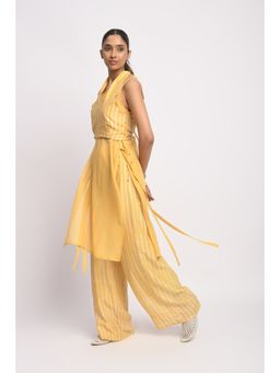 JAYATI GOENKA - Yellow Striped Bralette with Mesh Kurta with Pant