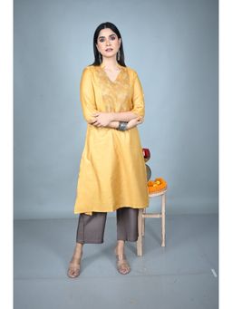 EARTHWEAR - Hand Embroidered Tassar Silk Yellow Kurta with Pant