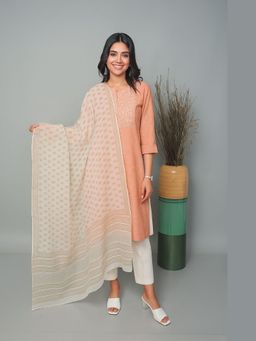 EARTHWEAR - Hand Embroidered Cotton A-Line Coral Kurta with Pant and Dupatta