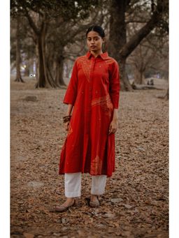EARTHWEAR - Geometric Hand Embroidered Handloom Cotton Red Kurta with Pant