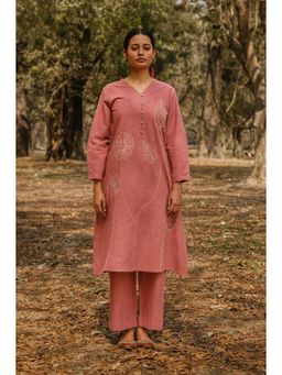 EARTHWEAR - Hand Embroidered Cotton Pink Kurta with Pant