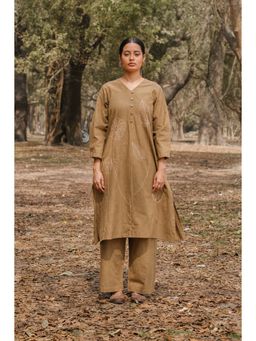 EARTHWEAR - Hand Embroidered Cotton Brown Kurta with Pant