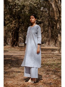 EARTHWEAR - Striped Hand Embroidered Cotton Three Panel Blue Kurta with Pant