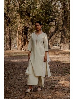 EARTHWEAR - Striped Hand Embroidered Cotton Three Panel Off White Kurta with Pant